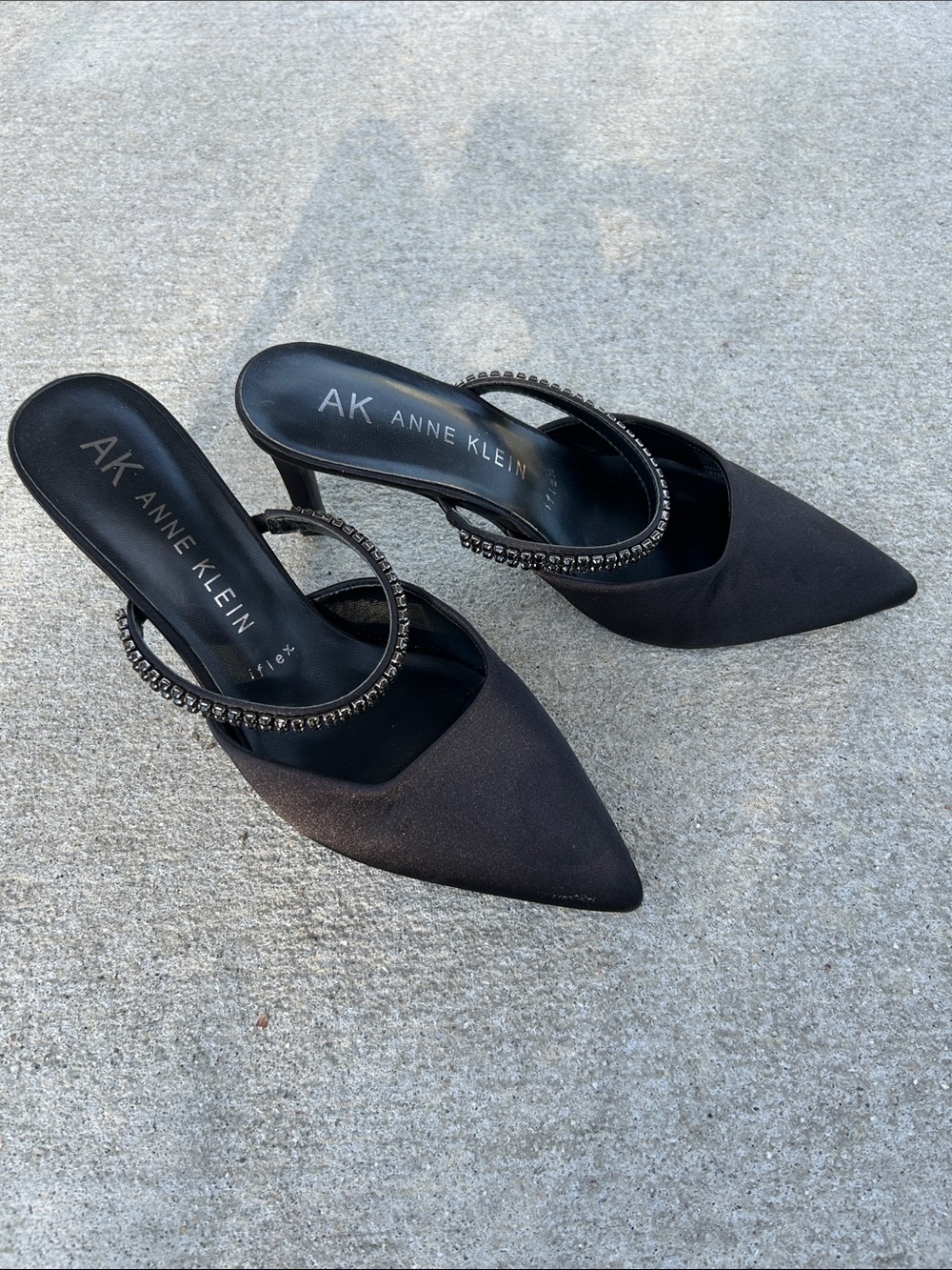 Anne Klein Black Pointed Toe Heeled Mules with Rhinestone Embellished Strap
